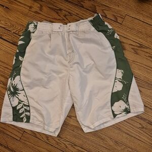 RS Surf Medium Board Shorts Swim Trunk White & Green Lined Brief Floral Poolside